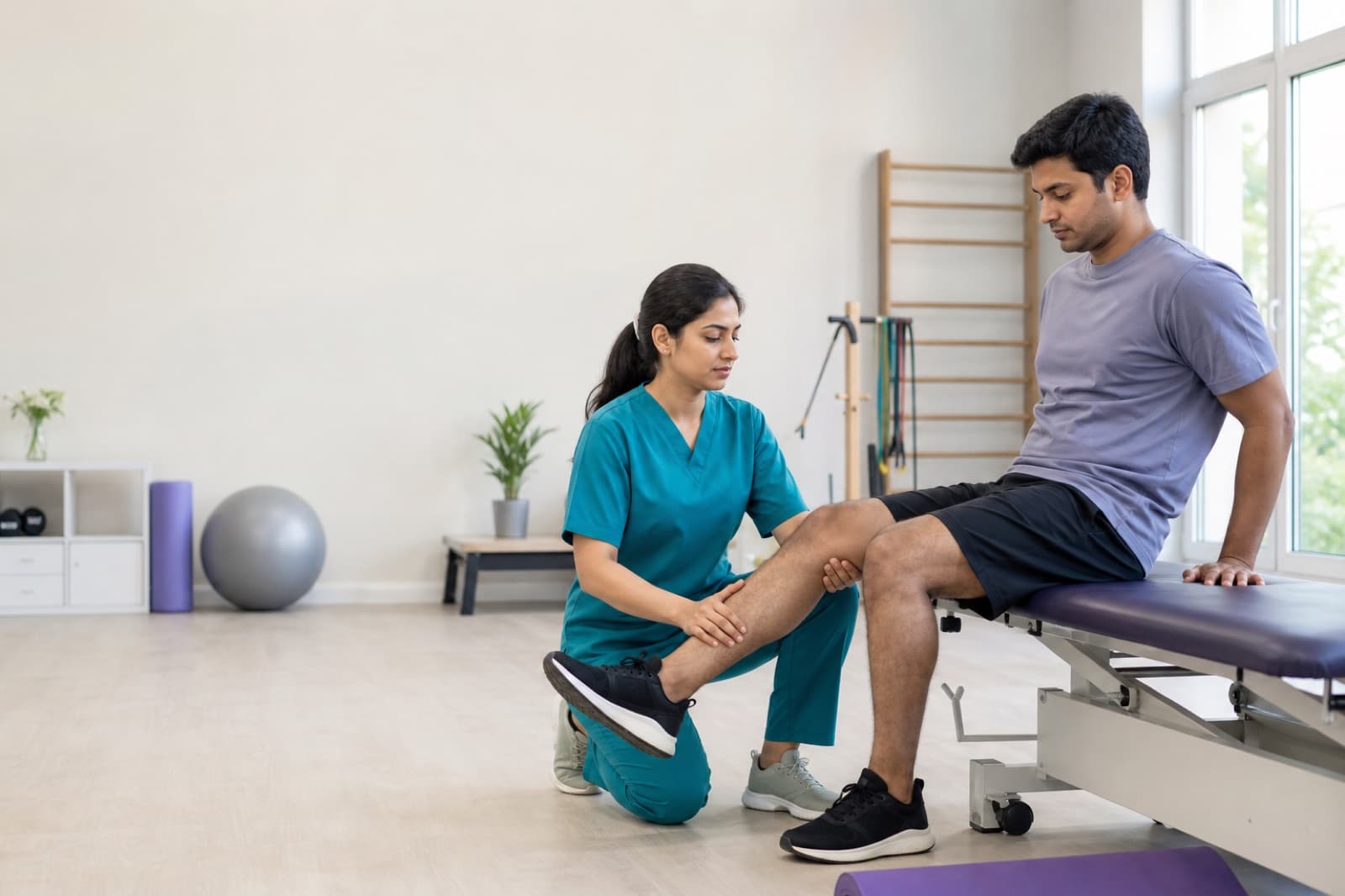 Physiotherapist assessing knee movement during rehabilitation