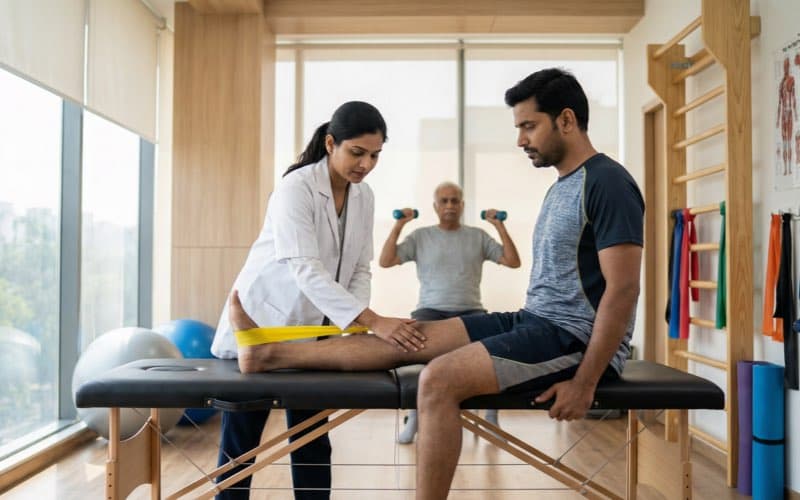 Physiotherapist treating patient with back and knee pain at Realign Rehab Clinic Faridabad