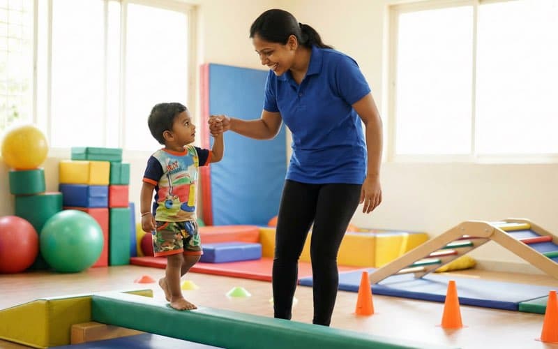 Pediatric physiotherapist working with child for developmental and postural therapy