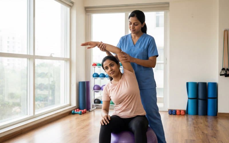 Elderly patient receiving geriatric physiotherapy and women's health rehabilitation